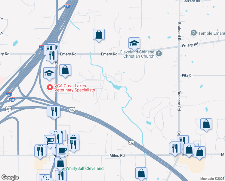 map of restaurants, bars, coffee shops, grocery stores, and more near 4731 Country Lane in Warrensville Heights