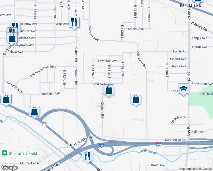 map of restaurants, bars, coffee shops, grocery stores, and more near 14917 Ohio Avenue in Cleveland