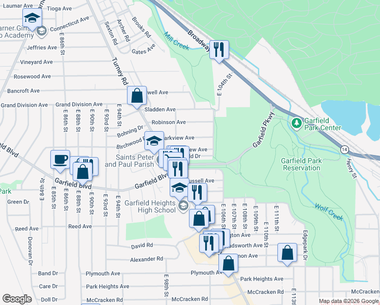 map of restaurants, bars, coffee shops, grocery stores, and more near 9915 Greenview Avenue in Garfield Heights