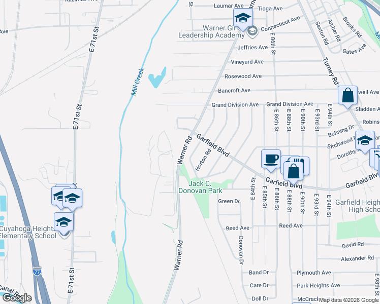 map of restaurants, bars, coffee shops, grocery stores, and more near 4711 Blythin Road in Garfield Heights