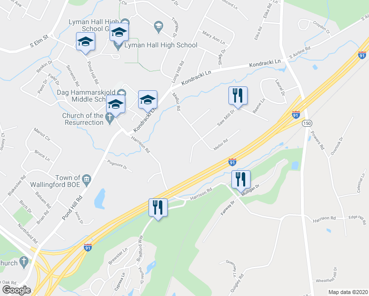 map of restaurants, bars, coffee shops, grocery stores, and more near 92 Saw Mill Drive in Wallingford