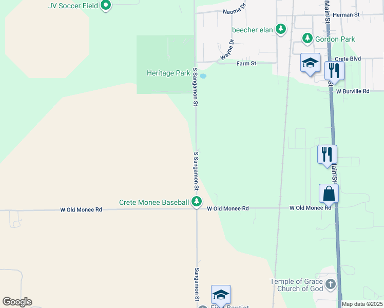 map of restaurants, bars, coffee shops, grocery stores, and more near 25304 South Sangamon Street in Crete