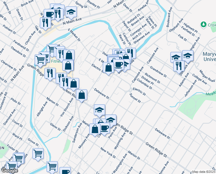 map of restaurants, bars, coffee shops, grocery stores, and more near 1735 Sanderson Avenue in Scranton