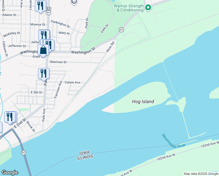 map of restaurants, bars, coffee shops, grocery stores, and more near 6 Spillway Lane in Muscatine