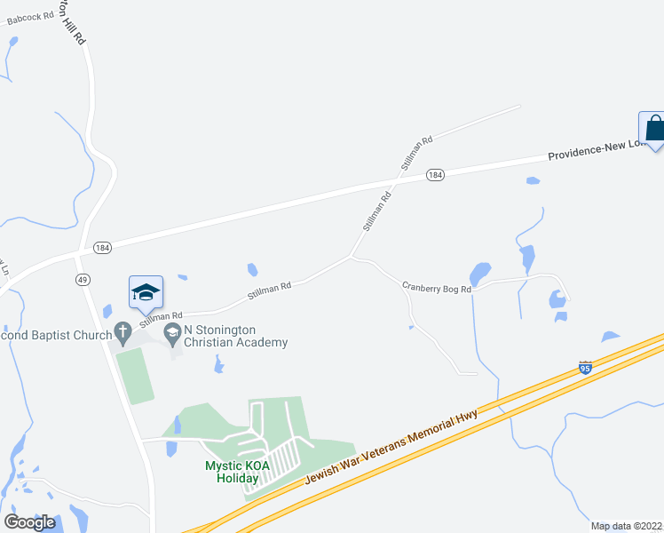 map of restaurants, bars, coffee shops, grocery stores, and more near Stillman Road in North Stonington