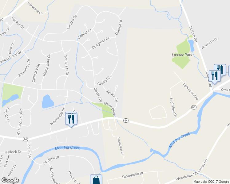 map of restaurants, bars, coffee shops, grocery stores, and more near 10 Franklin Place in Washingtonville