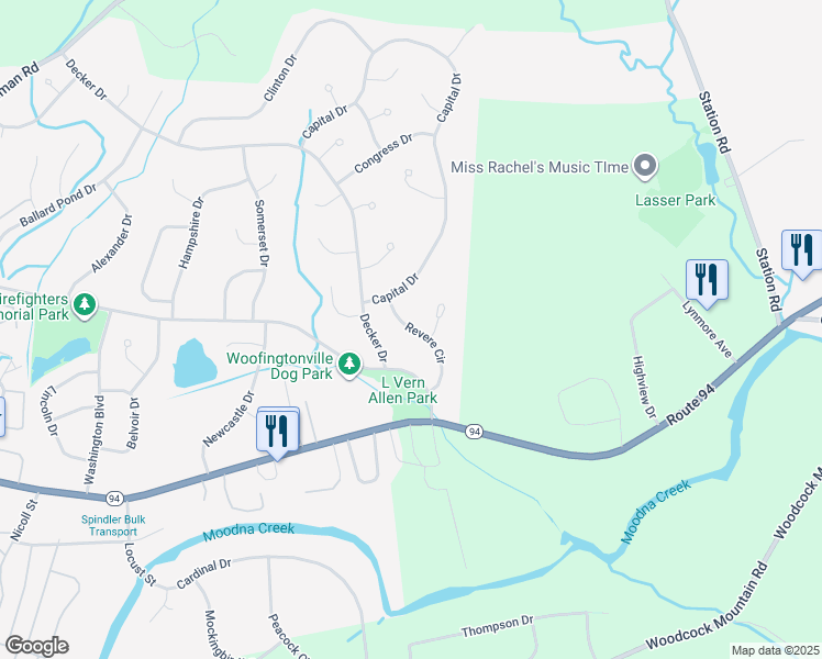 map of restaurants, bars, coffee shops, grocery stores, and more near 18 Revere Circle in Washingtonville