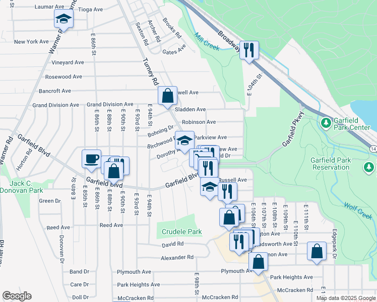 map of restaurants, bars, coffee shops, grocery stores, and more near 4730 Turney Road in Garfield Heights