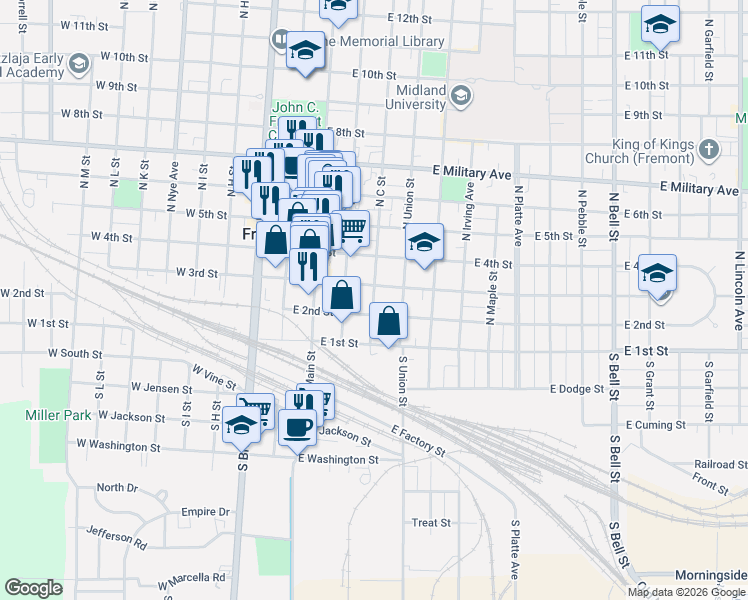 map of restaurants, bars, coffee shops, grocery stores, and more near 250 North C Street in Fremont