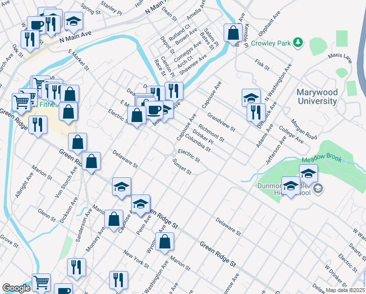 map of restaurants, bars, coffee shops, grocery stores, and more near 915 Electric Street in Scranton