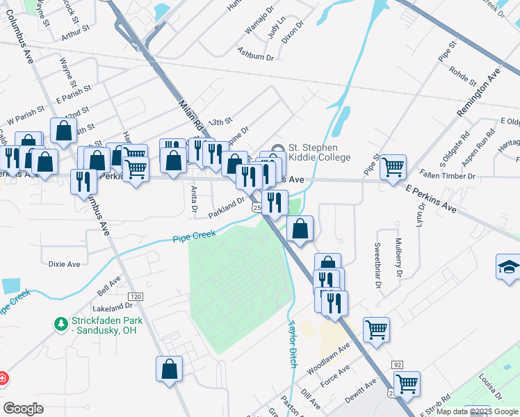 map of restaurants, bars, coffee shops, grocery stores, and more near 2917 Milan Road in Sandusky