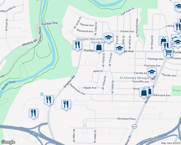 map of restaurants, bars, coffee shops, grocery stores, and more near 19411 Apelt Dr in Cleveland