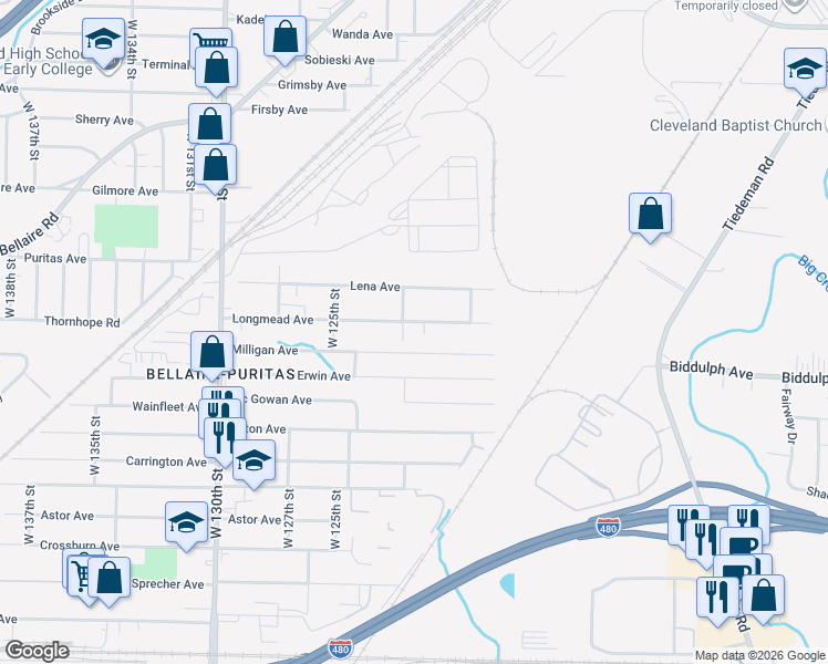 map of restaurants, bars, coffee shops, grocery stores, and more near 12011 Longmead Avenue in Cleveland