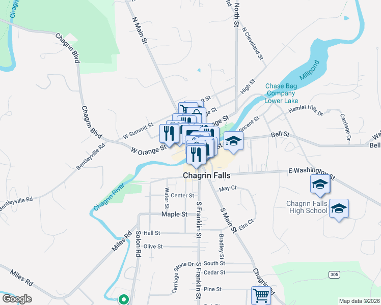map of restaurants, bars, coffee shops, grocery stores, and more near 9 River Street in Chagrin Falls