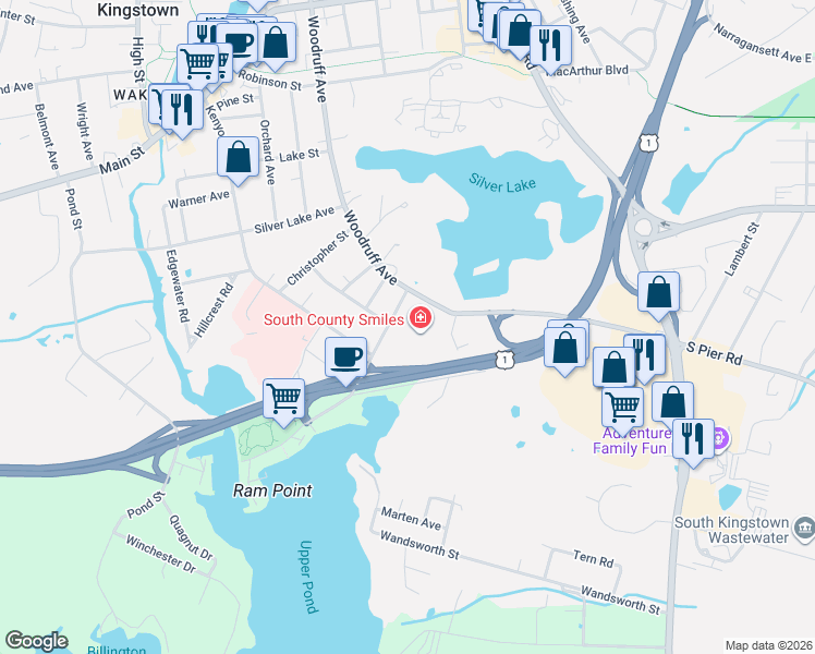map of restaurants, bars, coffee shops, grocery stores, and more near 24F Salt Pond Road in South Kingstown