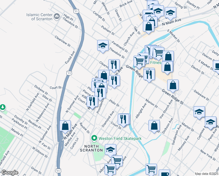 map of restaurants, bars, coffee shops, grocery stores, and more near 1016 Wood Street in Scranton