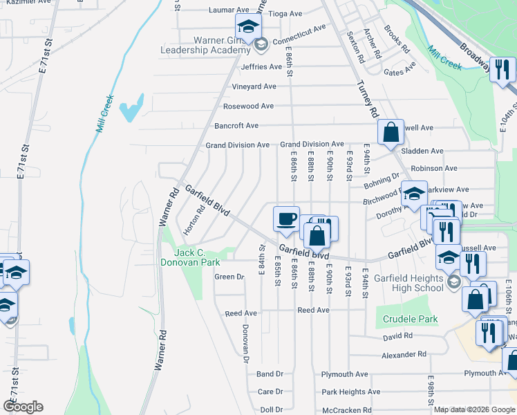 map of restaurants, bars, coffee shops, grocery stores, and more near 4690 Birchwood Road in Garfield Heights