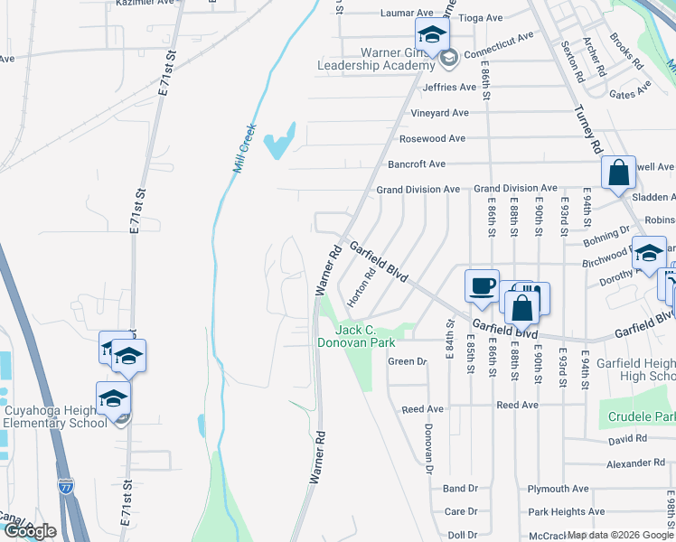 map of restaurants, bars, coffee shops, grocery stores, and more near 4711 Blythin Road in Garfield Heights