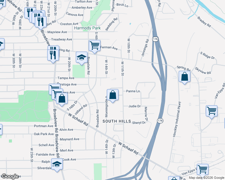 map of restaurants, bars, coffee shops, grocery stores, and more near 1131 Galaxy Drive in Cleveland