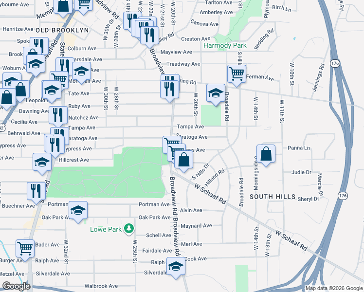 map of restaurants, bars, coffee shops, grocery stores, and more near 1797 Saratoga Avenue in Cleveland