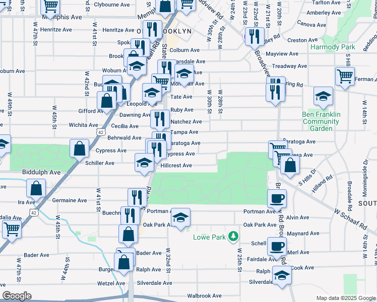 map of restaurants, bars, coffee shops, grocery stores, and more near 3201 Saratoga Avenue in Cleveland