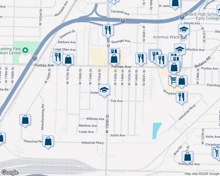 map of restaurants, bars, coffee shops, grocery stores, and more near 4521 West 150th Street in Cleveland