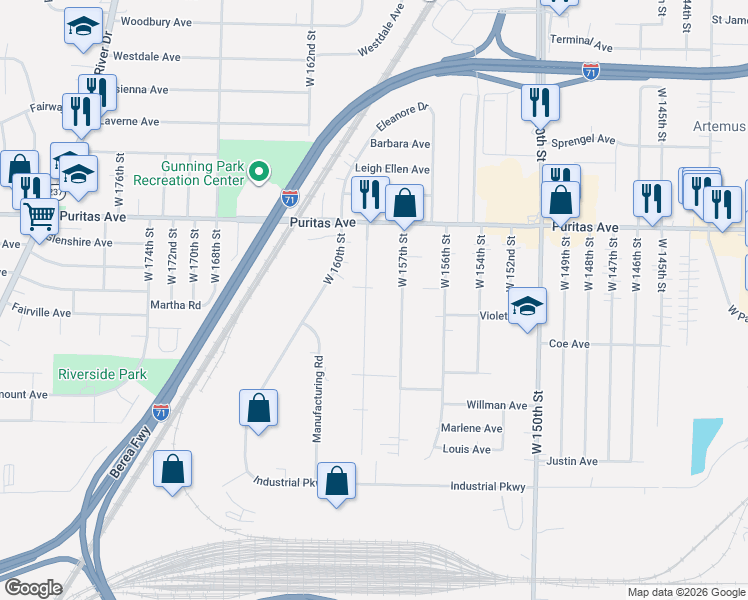 map of restaurants, bars, coffee shops, grocery stores, and more near 4533 West 158th Street in Cleveland