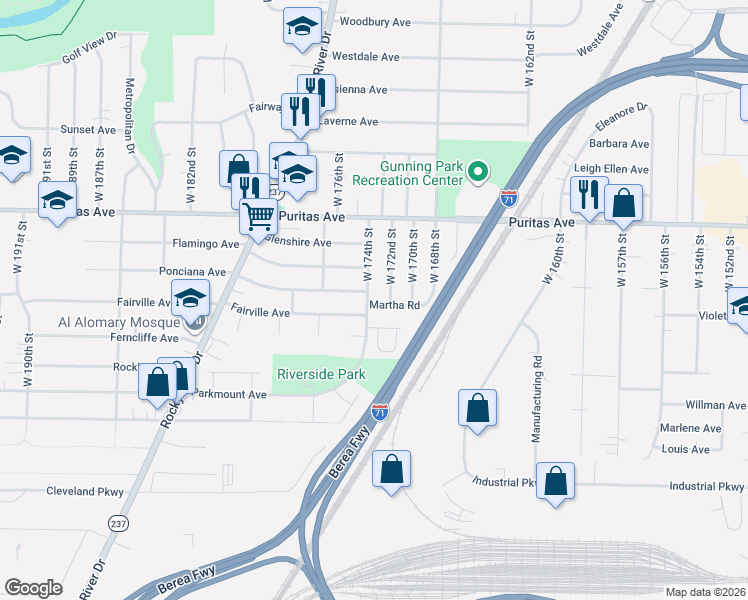 map of restaurants, bars, coffee shops, grocery stores, and more near 4532 West 172nd Street in Cleveland
