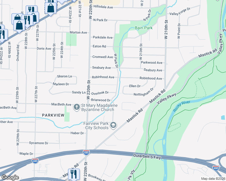 map of restaurants, bars, coffee shops, grocery stores, and more near 21780 Overlook Drive in Fairview Park