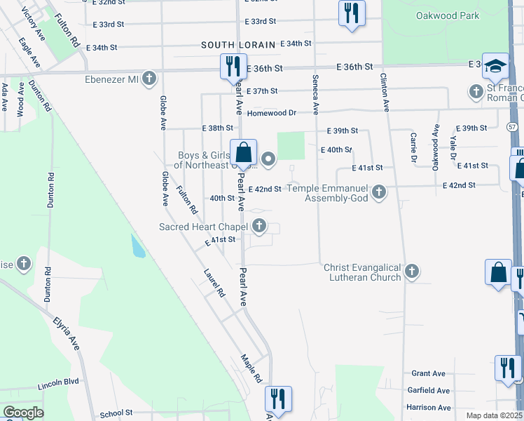 map of restaurants, bars, coffee shops, grocery stores, and more near 4215 Pearl Avenue in Lorain