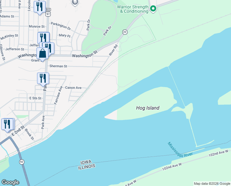 map of restaurants, bars, coffee shops, grocery stores, and more near 6 Spillway Lane in Muscatine