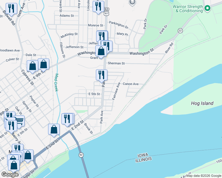 map of restaurants, bars, coffee shops, grocery stores, and more near 106 Canon Ave in Muscatine