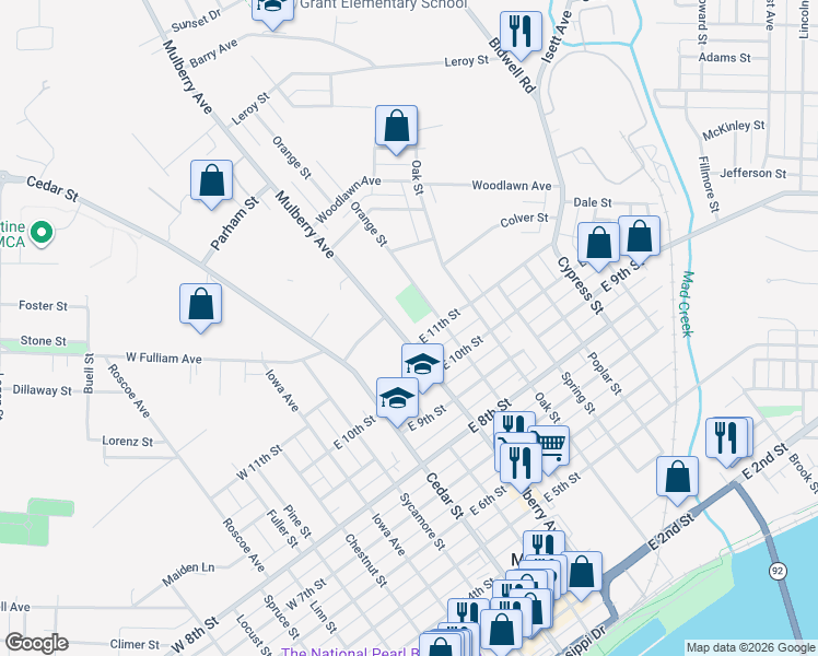 map of restaurants, bars, coffee shops, grocery stores, and more near 1108 Orange Street in Muscatine