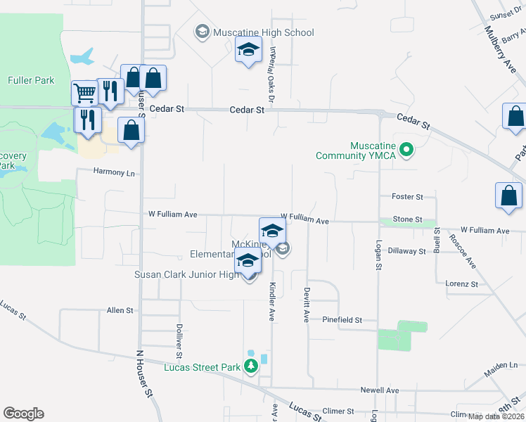 map of restaurants, bars, coffee shops, grocery stores, and more near 2417 West Fulliam Avenue in Muscatine