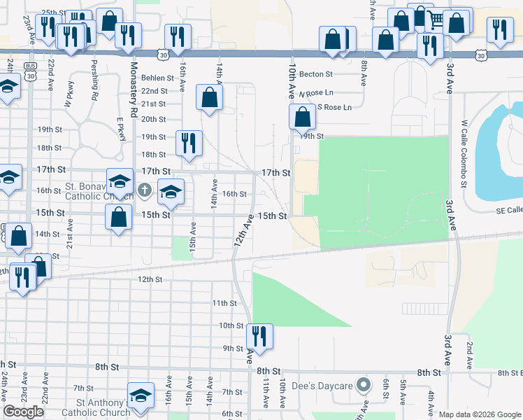 map of restaurants, bars, coffee shops, grocery stores, and more near 1112 15th Street in Columbus
