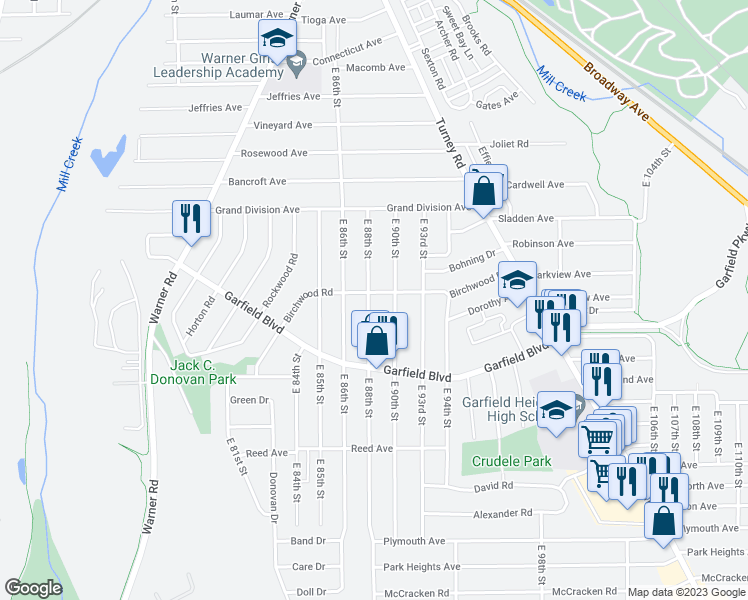 map of restaurants, bars, coffee shops, grocery stores, and more near 4707 East 88th Street in Garfield Heights