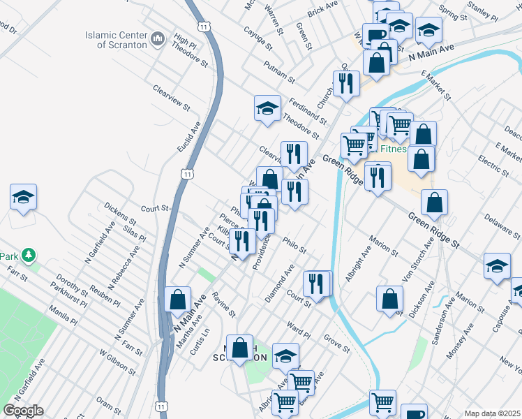 map of restaurants, bars, coffee shops, grocery stores, and more near 134 Bullshead Court in Scranton