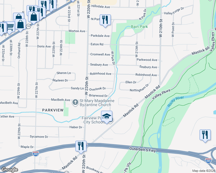 map of restaurants, bars, coffee shops, grocery stores, and more near 21780 Overlook Drive in Fairview Park