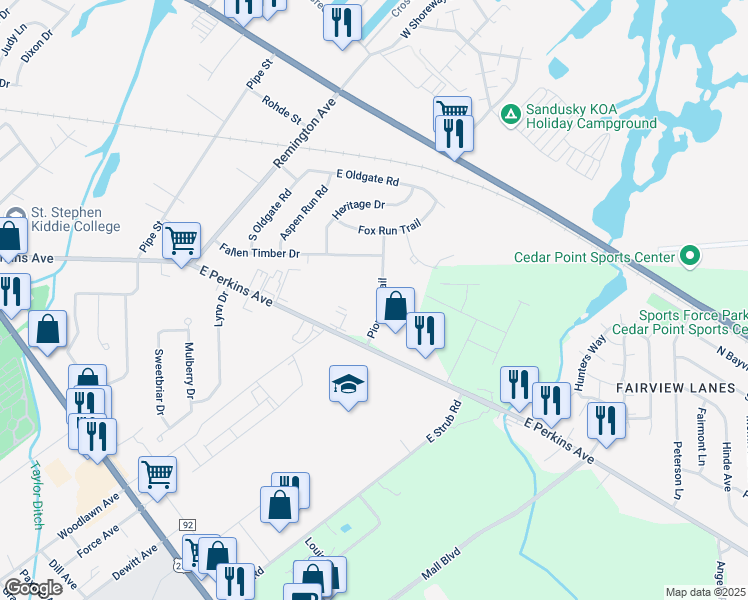 map of restaurants, bars, coffee shops, grocery stores, and more near 2613 Pioneer Trail in Sandusky