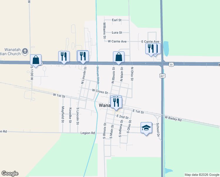 map of restaurants, bars, coffee shops, grocery stores, and more near 205 North Illinois Street in Wanatah