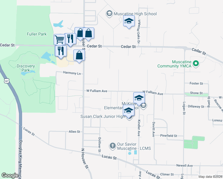 map of restaurants, bars, coffee shops, grocery stores, and more near 2525 West Fulliam Avenue in Muscatine