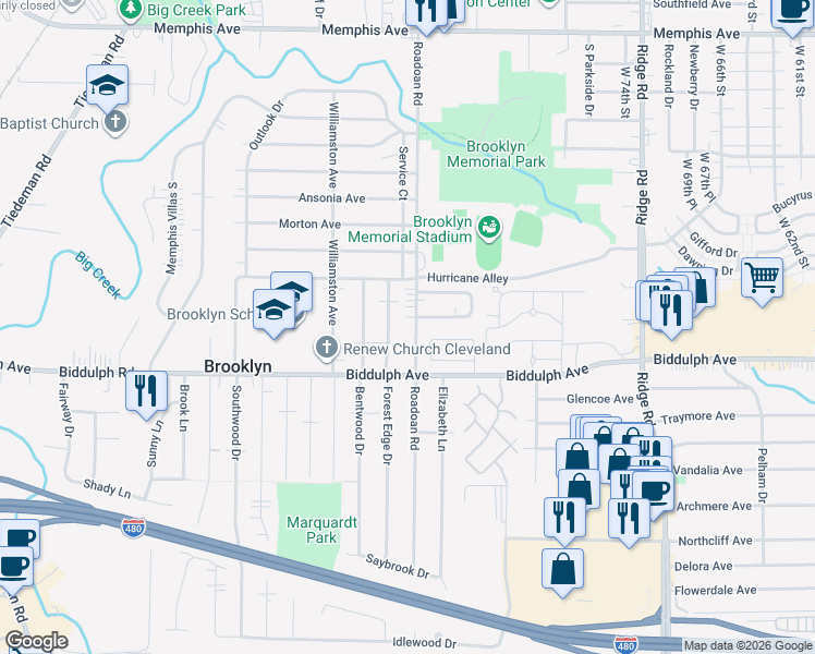 map of restaurants, bars, coffee shops, grocery stores, and more near 4599 Roadoan Road in Brooklyn