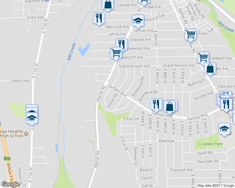 map of restaurants, bars, coffee shops, grocery stores, and more near 8032 Garfield Boulevard in Garfield Heights