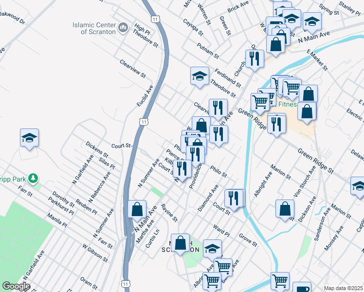 map of restaurants, bars, coffee shops, grocery stores, and more near 1130 Philo Street in Scranton