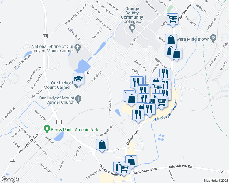 map of restaurants, bars, coffee shops, grocery stores, and more near 59 Webb Road in Middletown