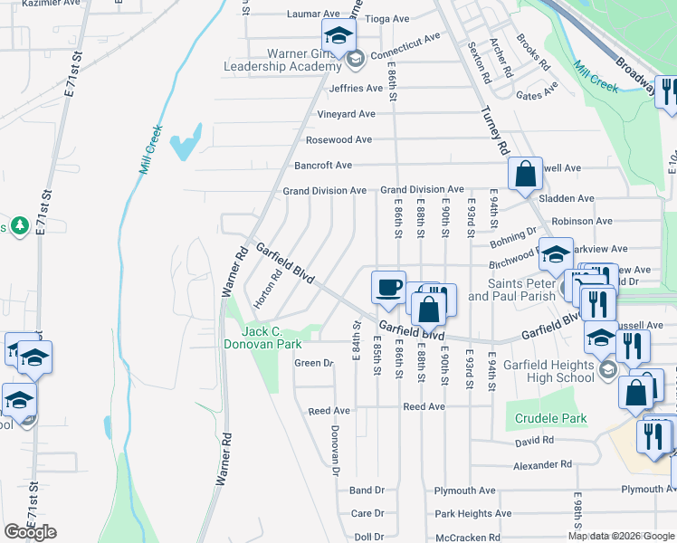 map of restaurants, bars, coffee shops, grocery stores, and more near 4690 Birchwood Road in Garfield Heights