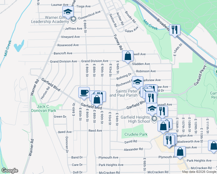 map of restaurants, bars, coffee shops, grocery stores, and more near 4705 East 93rd Street in Garfield Heights