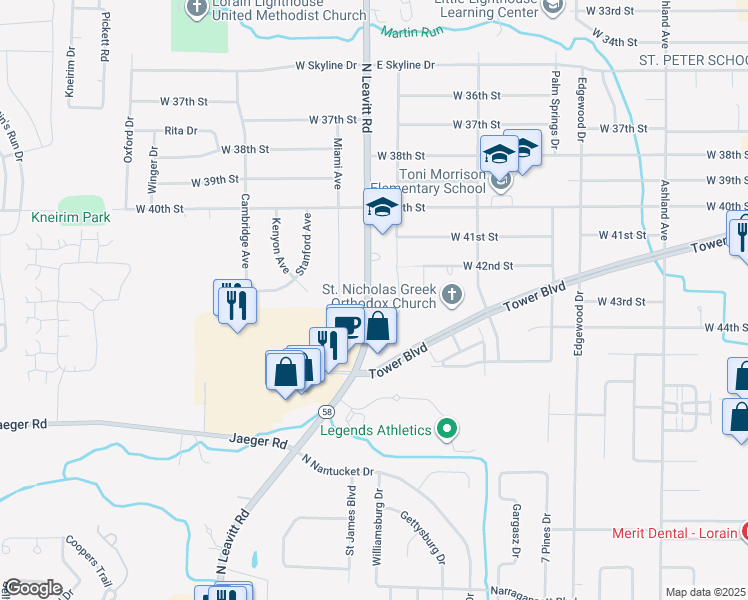 map of restaurants, bars, coffee shops, grocery stores, and more near 4125 North Leavitt Road in Lorain