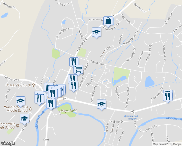 map of restaurants, bars, coffee shops, grocery stores, and more near 45 Yorkshire Terrace in Washingtonville