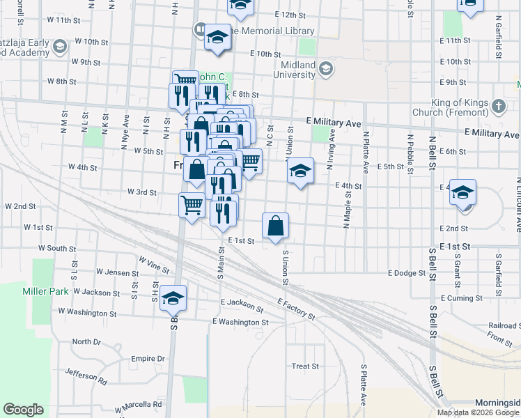 map of restaurants, bars, coffee shops, grocery stores, and more near 250 North C Street in Fremont